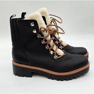Faux Leather & Fur Black Lace-Up Ankle Boots W Chunky Lug style chunky Heel Y2K